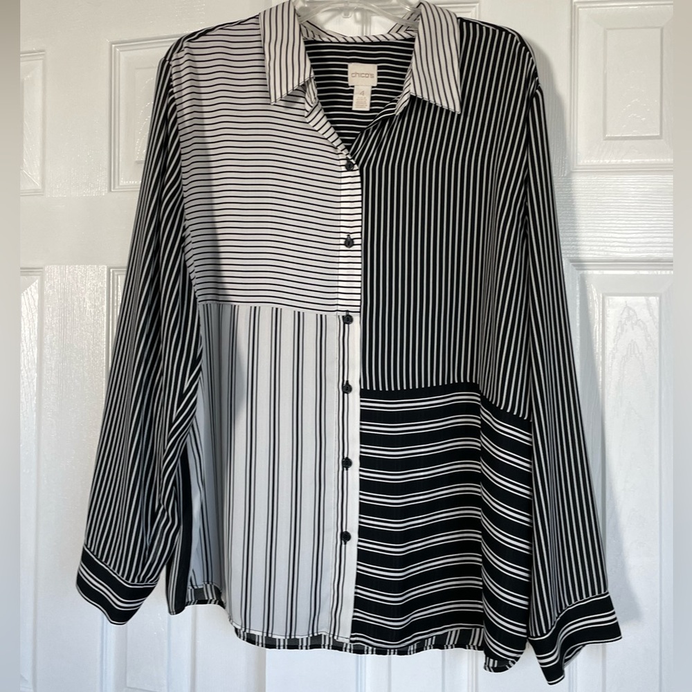 Chico's Black & White Mixed-Stripe Button Front Blouse